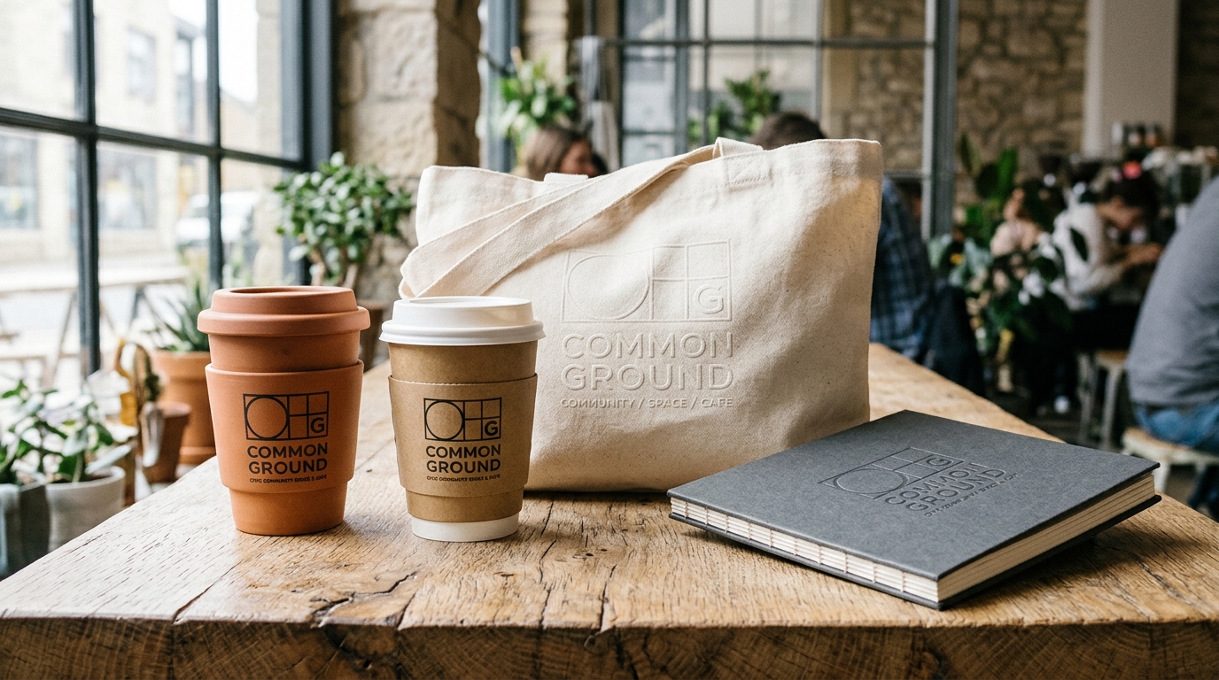 Brand identity mockup for Common Ground cafe and space